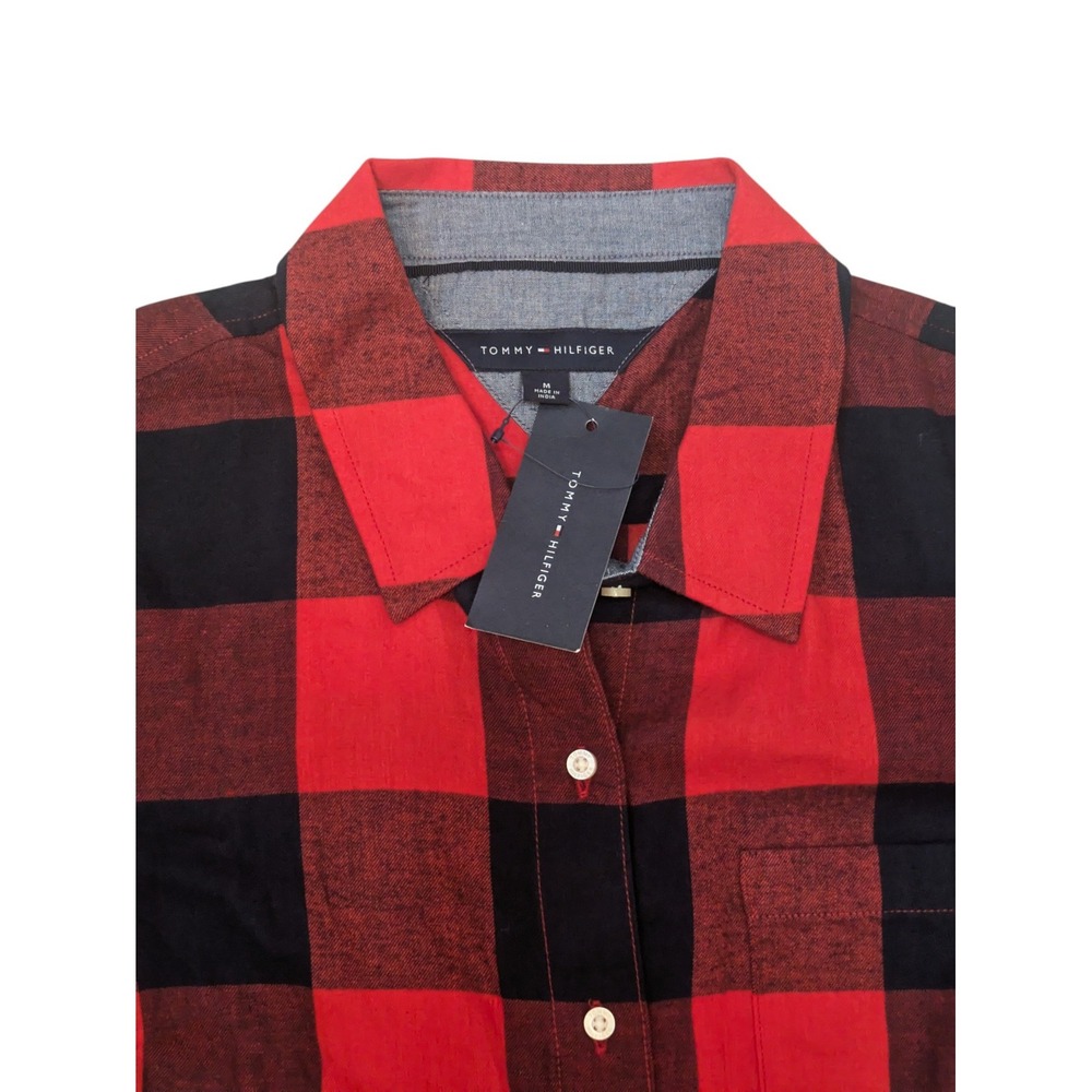 Tommy Hilfiger Women's Medium Red Black Buffalo Plaid‎ Button Down Shirt NWT